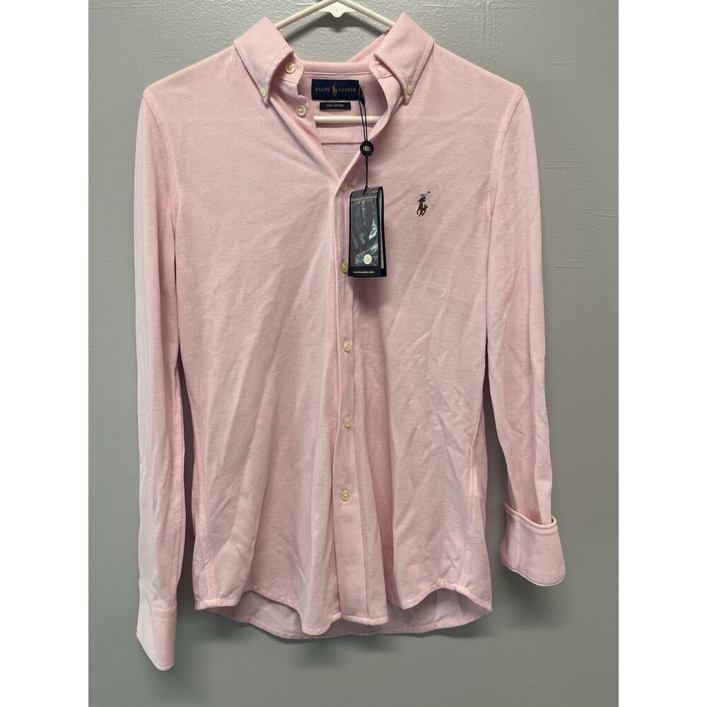 Ralph Lauren Knit Oxford Pink Button-Up Shirt Long Sleeve Button-Down Cotton MED